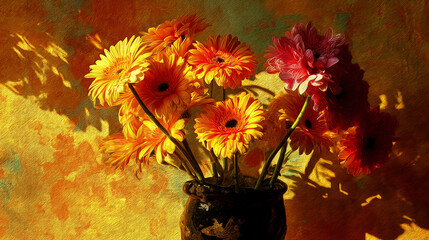 Poster - Vibrant orange and red gerbera daisies in a dark vase, illuminated by sunlight casting shadows on a textured background, showcasing floral beauty and warm ambiance