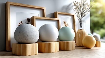 Poster - A collection of wooden frames and vases, including a few egg-shaped ones