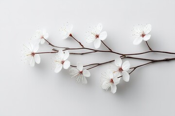 Poster - White cherry blossom branch arranged elegantly on a light background in a minimalist setting during spring