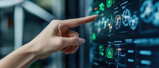 Leinwandbilder - A hand pointing at a computer screen with a green and blue background