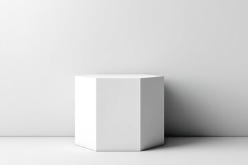 Poster - Minimalistic white hexagonal pedestal in a bright room with smooth walls and flooring