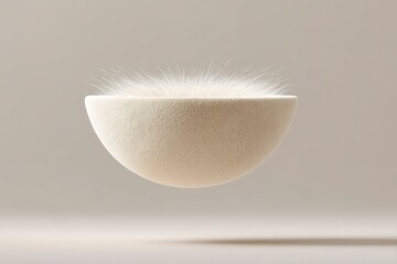 Poster - Floating spherical object with soft fur texture displayed on a neutral background in a creative art exhibition setting