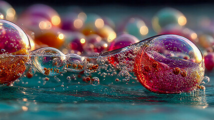 Poster - Colorful glass bubbles on wet reflective surface, shallow focus