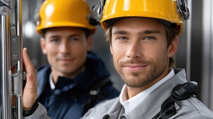 Aufkleber - Two men wearing yellow helmets and safety gear are smiling for the camera
