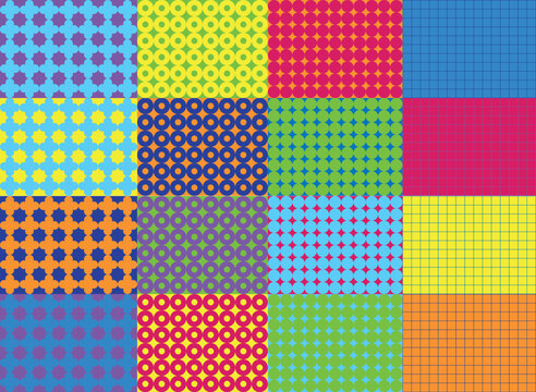 Textured vector backgrounds with simple and fun repeating patterns. Abstract colorful funky backgrounds for cards, posters, covers, banners, or branding