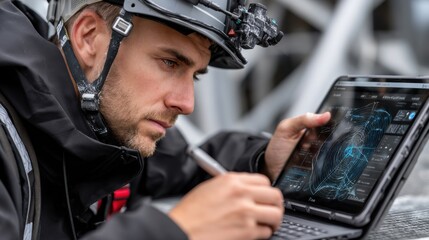 Aufkleber - A man wearing a helmet is using a laptop computer