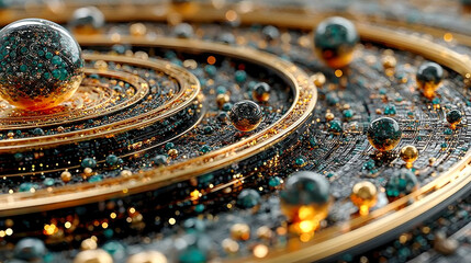 Poster - Concentric rings with illuminated spheres in futuristic abstract design
