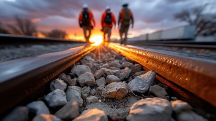 Poster - Three men are walking on a railroad track with a sunset in the background