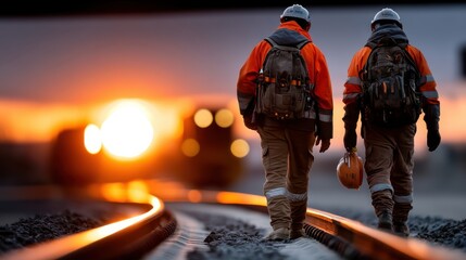 Poster - Two men in orange jackets are walking on railroad tracks