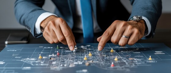 Aufkleber - A man is pointing at a map with a yellow dot on it