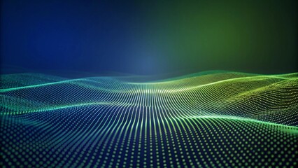 Poster - Abstract green and blue particles background. Flow wave with dot landscape. Digital data structure. Future mesh or sound grid. Pattern point visualization. Futuristic dynamic connection network