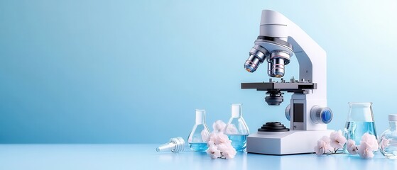 Aufkleber - A white microscope is on a blue background with a few test tubes