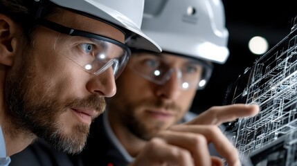 Poster - Two men wearing hard hats and safety glasses are looking at a computer screen