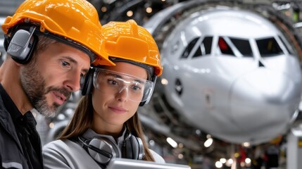 Aufkleber - Two people wearing orange helmets are looking at a plane