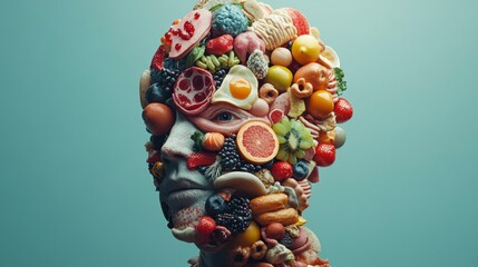Poster - 3D render of a human head sculpted from various food items, including fruits, vegetables, and meats, against a teal backdrop.