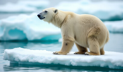 a polar bear stands on a sheet of ice in the ocean. the bear is looking at the camera and he is curi