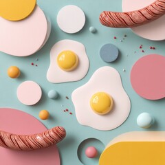 Poster - Artistic pastel rendering with eggs sausage and geometric shapes playful food scene for creative content