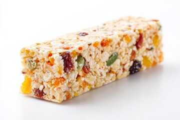 Poster - Delicious Granola Bar with Dried Fruits and Seeds Isolated on White Background Healthy Snack Food Concept