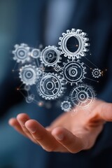 Aufkleber - Conceptual gears technology on human hand abstract innovation modern engineering digital future mechanic connection and integration