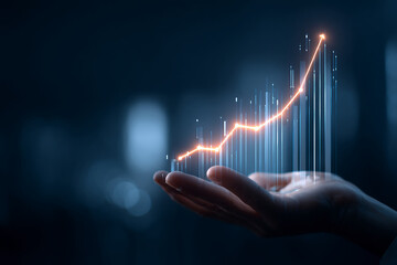 Poster - Hand holding upward trending glowing graph, symbolizing growth, success, and progress in business and technology