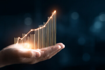 Poster - Glowing upward graph in hands, symbolizing growth, success, and financial progress.  Ideal for business, finance, and investment concepts. Free space for text