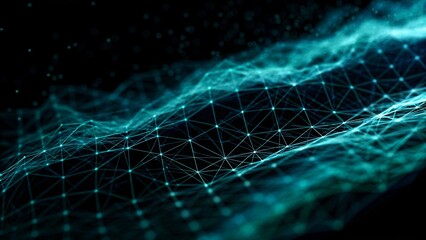 Poster - Digital cyberspace futuristic, Green and Blue color particles wave flowing with lines and dots connection, Technology network abstract background. 3d rendering, digital innovation, visualization data
