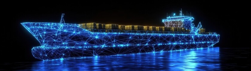 Fototapete - A digital rendering of a cargo ship illuminated with blue lights, showcasing a futuristic, wireframe design against a dark water backdrop.