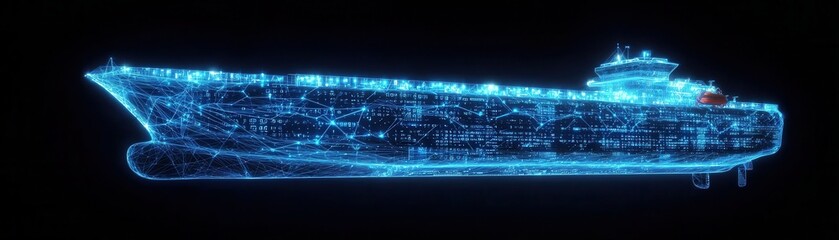 Poster - A glowing digital representation of a ship, showcasing intricate patterns and lines, set against a dark background.