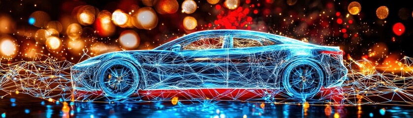 Poster - A futuristic car design illuminated with vibrant lights and geometric patterns, showcasing a blend of technology and modern art.