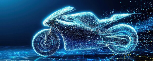 Poster - A futuristic motorcycle design rendered with glowing blue lines on a dark background, symbolizing technology and speed.