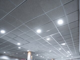 Poster - Structured Ceiling Pattern with Lights  Modern Architectural Design Perspective Interior View  Symmetrical Geometric Elements for Creative Visuals