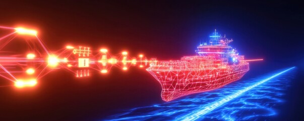 Poster - A futuristic digital ship is depicted with glowing neon lines, navigating through a virtual ocean, symbolizing advanced technology and digital innovation.