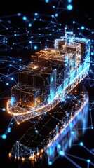 Poster - A futuristic, digitally rendered cargo ship illuminated by glowing lines, surrounded by interconnected nodes and a dark backdrop, representing advanced technology and shipping.