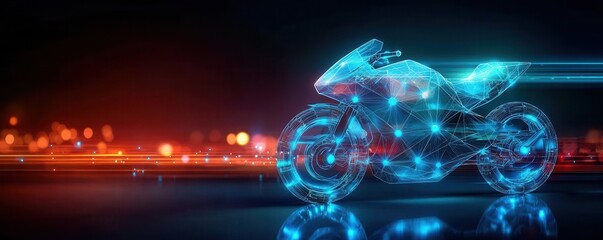 Poster - A futuristic motorcycle design illuminated with neon blue lights, showcasing a blend of technology and speed against a dark background.