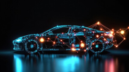 Poster - A futuristic, digital representation of a car, showcasing glowing lines and nodes, symbolizes technology and innovation in the automotive industry.
