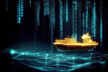 Poster - A glowing ship navigates through a digital ocean, surrounded by cascading binary code, symbolizing technology's impact on maritime transport.