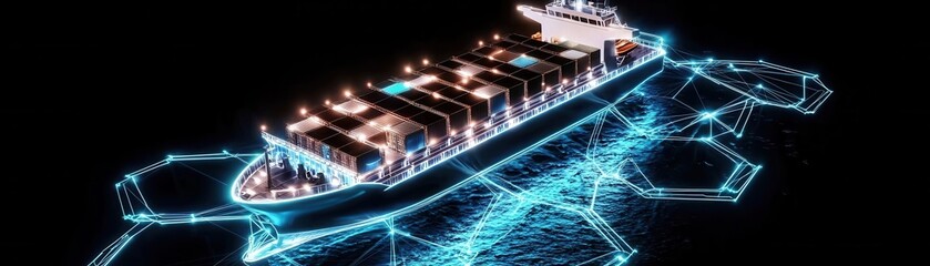 Poster - A brightly lit cargo ship navigates dark waters, surrounded by glowing geometric patterns, showcasing innovation in maritime transport.