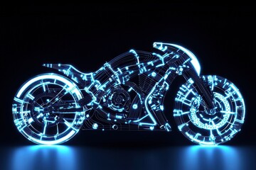 Poster - A futuristic motorcycle design illuminated with glowing blue lines against a dark background, showcasing intricate details and innovative technology.