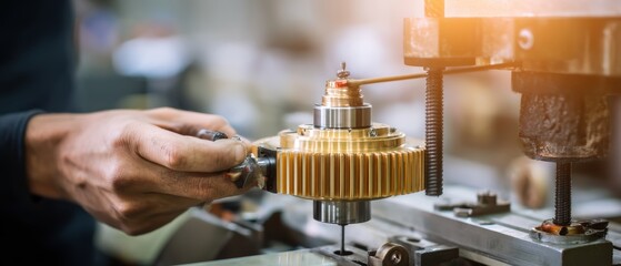Poster - Metalworking Artisan Inspecting Brass Cogwheel Component Utilizing Gear Cutting Lathe in Workshop Precision