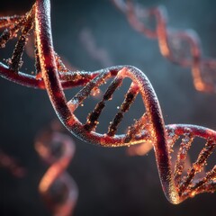 Poster - Detailed artistic visualization of multiple DNA strands illuminated with a fiery light and detailed cellular texture