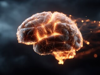 Poster - Human brain glowing with complex neural network connections on dark background conceptualizing AI