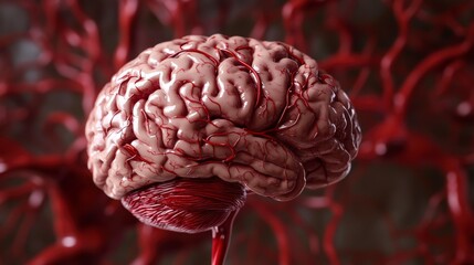 Poster - Close-up of a human brain with detailed blood vessels.