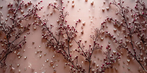 Poster - Pink background with red branches and scattered silver hearts, creating a romantic and delicate Valentine's Day design, ideal for festive cards or branding