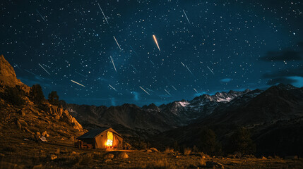 Wall Mural - Night Sky with Meteor Shower over Mountain Cabin