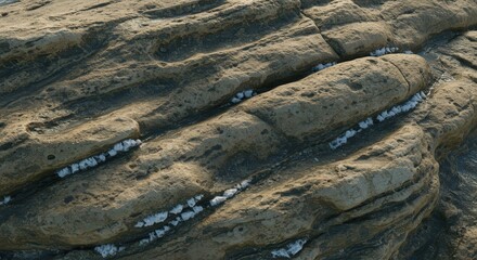 Aufkleber - Textured rock surface shows layers and cracks with white mineral deposits