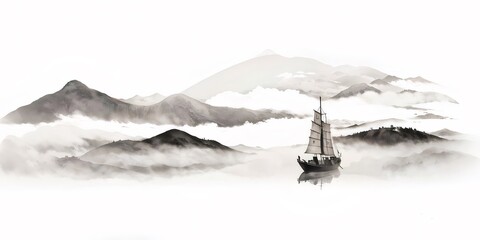 Poster - 東洋の水墨画の風景画 霧と山と船が描かれたモノクロイラスト 水面と雲が美しい