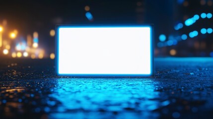 Poster - Blank glowing screen on wet city street at night.
