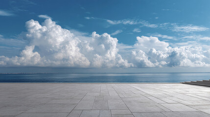 Poster - Seascape showcasing a stone plaza overlooking calm ocean under a cloudy sky, ideal for showcasing products or text, creating a tranquil and serene atmosphere