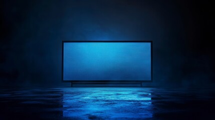 Poster - Flat screen TV with blue screen in dark room, reflecting on wet floor.
