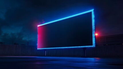 Poster - Night scene of a large blank billboard with neon blue and red lighting.